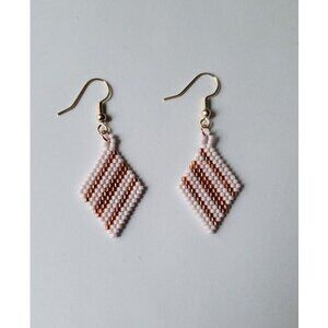 Handcrafted Geometric Diamond Shaped Beaded Earrings White and Rose Gold colored